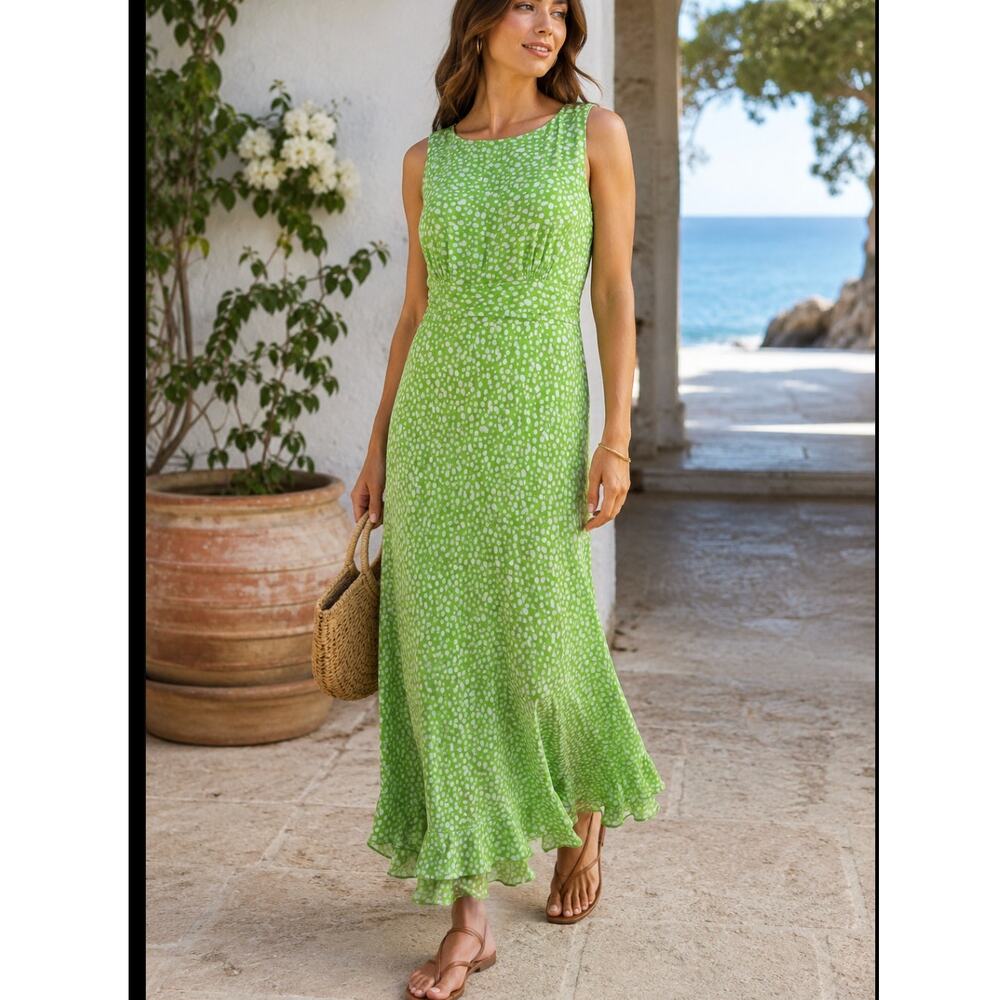 Y2K Cynthia Howie 100% Silk Green White Polka Dot Bias Cut Maxi Dress SZ 8
